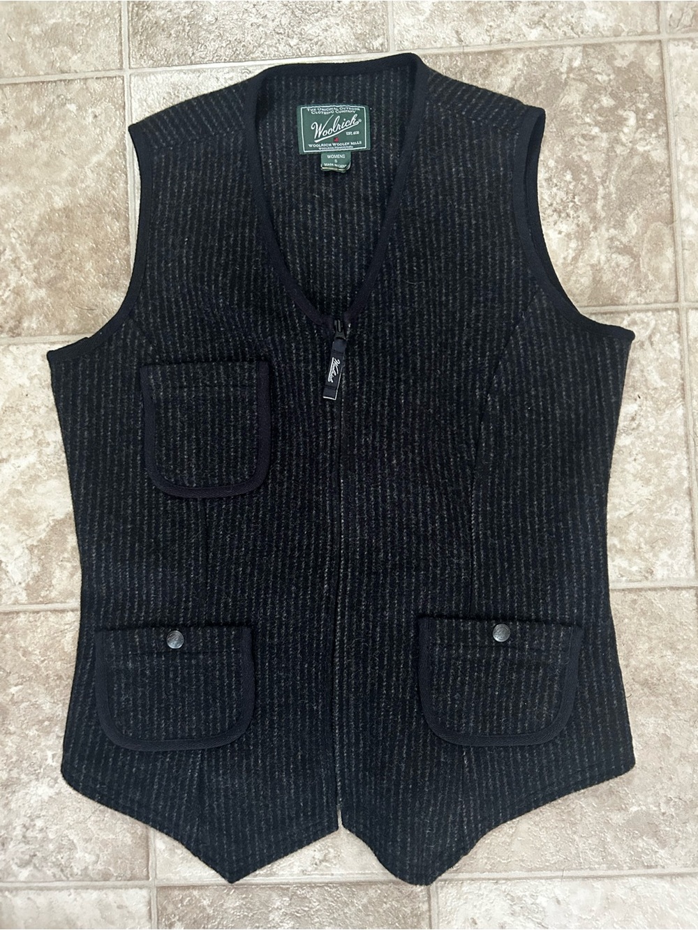 Woolrich Vintage Striped Wool Zip Up Utility Vest Black Gray Women's S